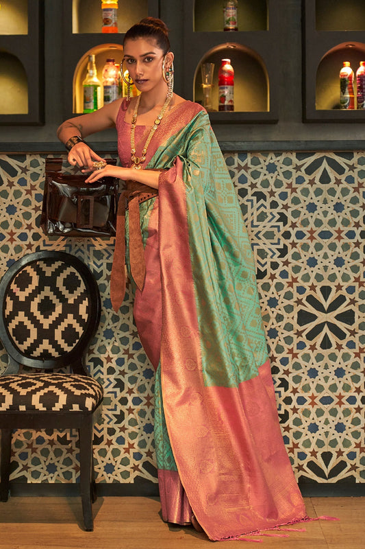 Vsaree Women's Designer Party Wear Golden Zari Weaving Checks Design Teal Kaiza Silk Saree With Matching Blouse And Rich Pallu Saree