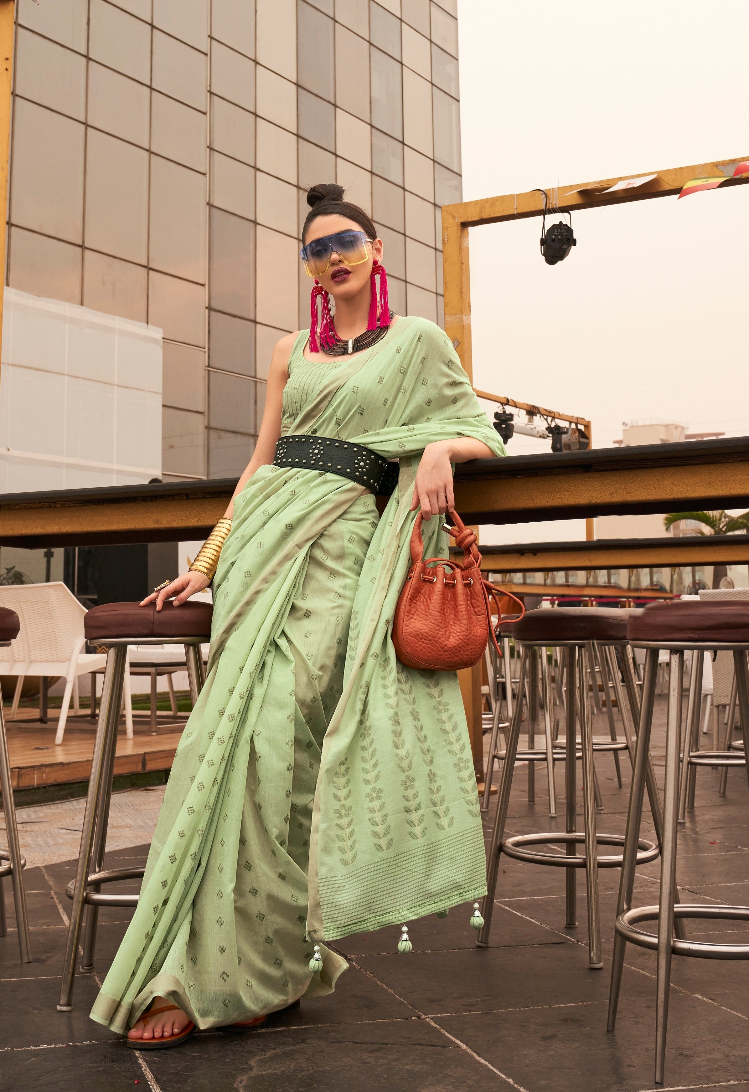 Designer Copper Zari Weaving Overall Butti Design Banarasi  Cotton Silk Saree With Heavy Blouse