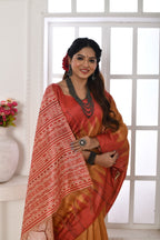 Vsaree Orange Tussar Silk Designer Saree With zari woven Bomkai Temple Border and contrast zari pallu And Blouse
