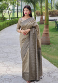 Vsaree Grey Raw Silk Designer Saree With zari woven Bomkai Temple Border and contrast zari pallu And Blouse