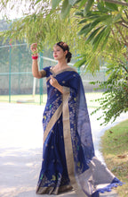 Vsaree  Blue Silk Saree With traditional Jamdani type weaving border And Blouse