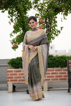 Vsaree Green Tussar Print Soft Saree with Zari Border And Printed pallu with printed Blouse