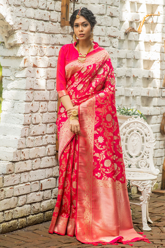 Vsaree Rani Pink Katan Silk Saree With zari weaving pallu Or Border And Blouse