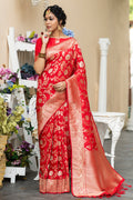 Vsaree Red Katan Silk Saree With zari weaving pallu Or Border And Blouse