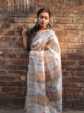 Vsaree Grey Tussar Silk Saree With Leriya Print And Zari Border With Kalamkari Pallu With Blouse