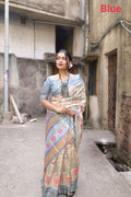 Vsaree Sea Blue Tussar Silk Saree With Leriya Print And Zari Border With Kalamkari Pallu With Blouse