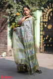 Vsaree Sea Green Tussar Silk Saree With Leriya Print And Zari Border With Kalamkari Pallu With Blouse