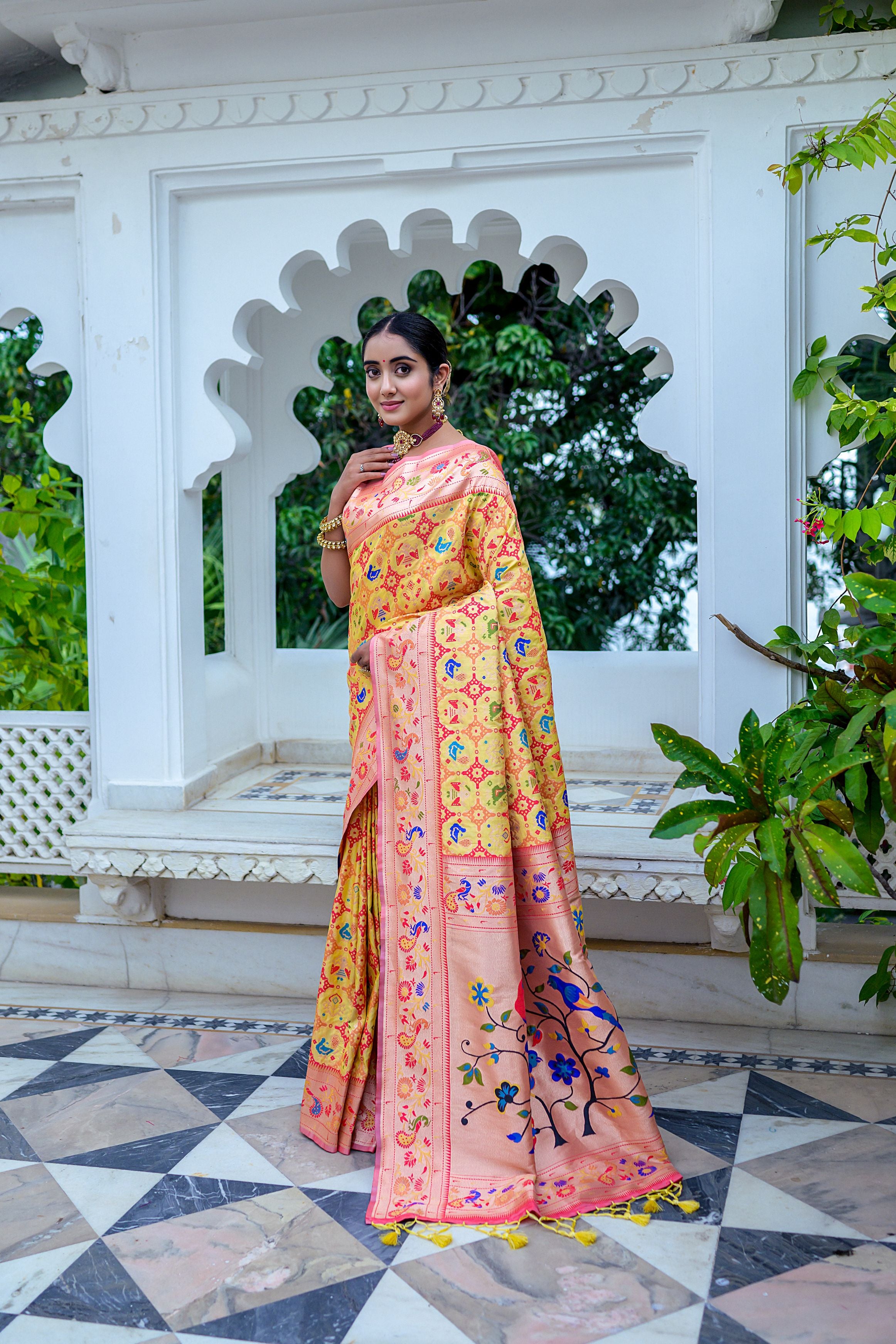 Vsaree Yellow Soft Paithani Silk Saree with Rich Pallu Contras Border And Blouse Piece For  Women