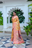 Vsaree Yellow Soft Paithani Silk Saree with Rich Pallu Contras Border And Blouse Piece For  Women