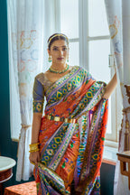 Vsaree Orange Soft Banarasi Silk Paithani Saree with Zari Weaving Pattern With Contrast Border And Rich Pallu With Contrast Blouse