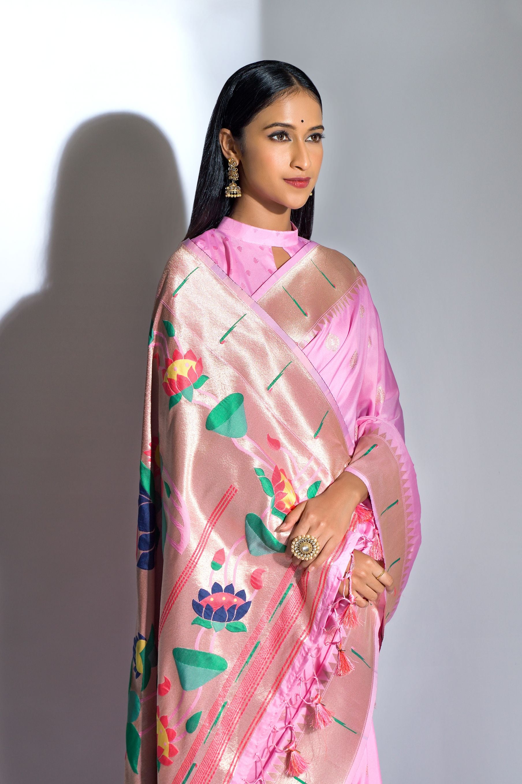 Vsaree Pink Soft Banarasi Silk Paithani Saree with Zari Weaving Pattern With Contrast Border And Rich Pallu With Contrast Blouse