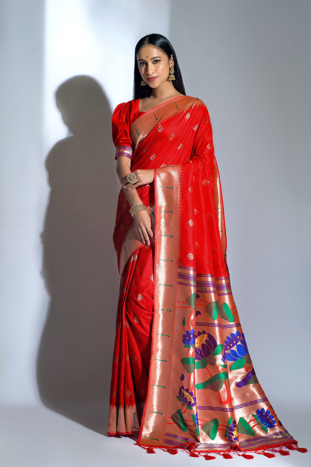 Vsaree Red Soft Banarasi Silk Paithani Saree with Zari Weaving Pattern With Contrast Border And Rich Pallu With Contrast Blouse