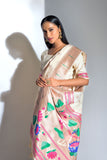 Vsaree White Soft Banarasi Silk Paithani Saree with Zari Weaving Pattern With Contrast Border And Rich Pallu With Contrast Blouse