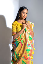 Vsaree Yellow Soft Banarasi Silk Paithani Saree with Zari Weaving Pattern With Contrast Border And Rich Pallu With Contrast Blouse