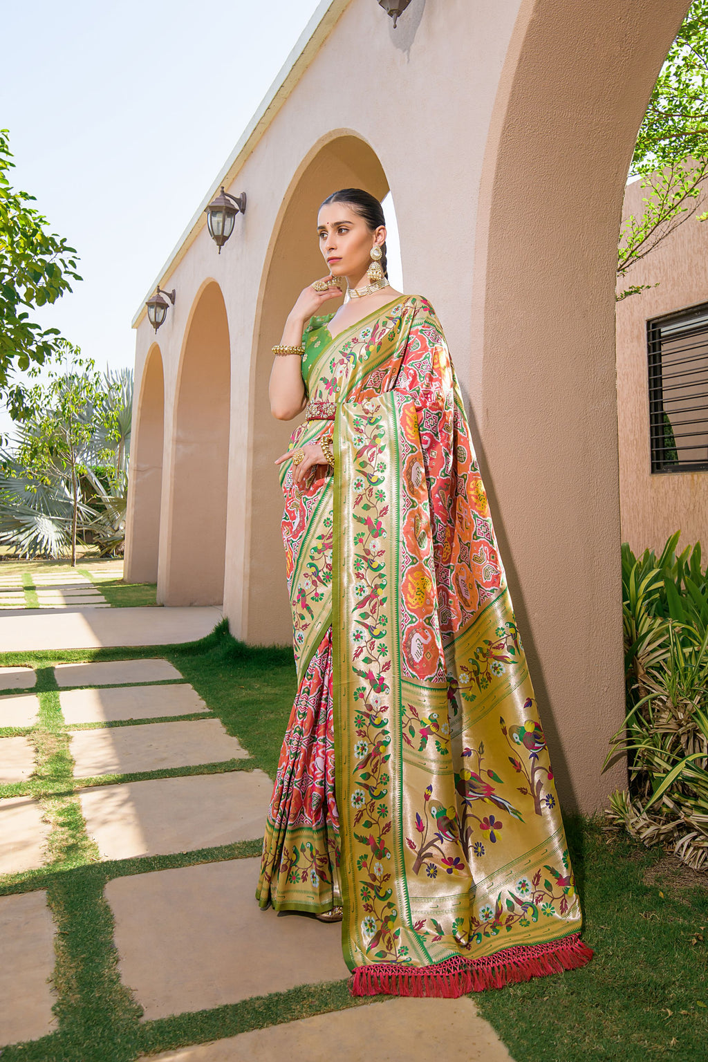 Vsaree Orange Soft Banarasi Silk Paithani Saree with Zari Weaving Pattern With Contrast Border And Rich Pallu With Contrast Blouse