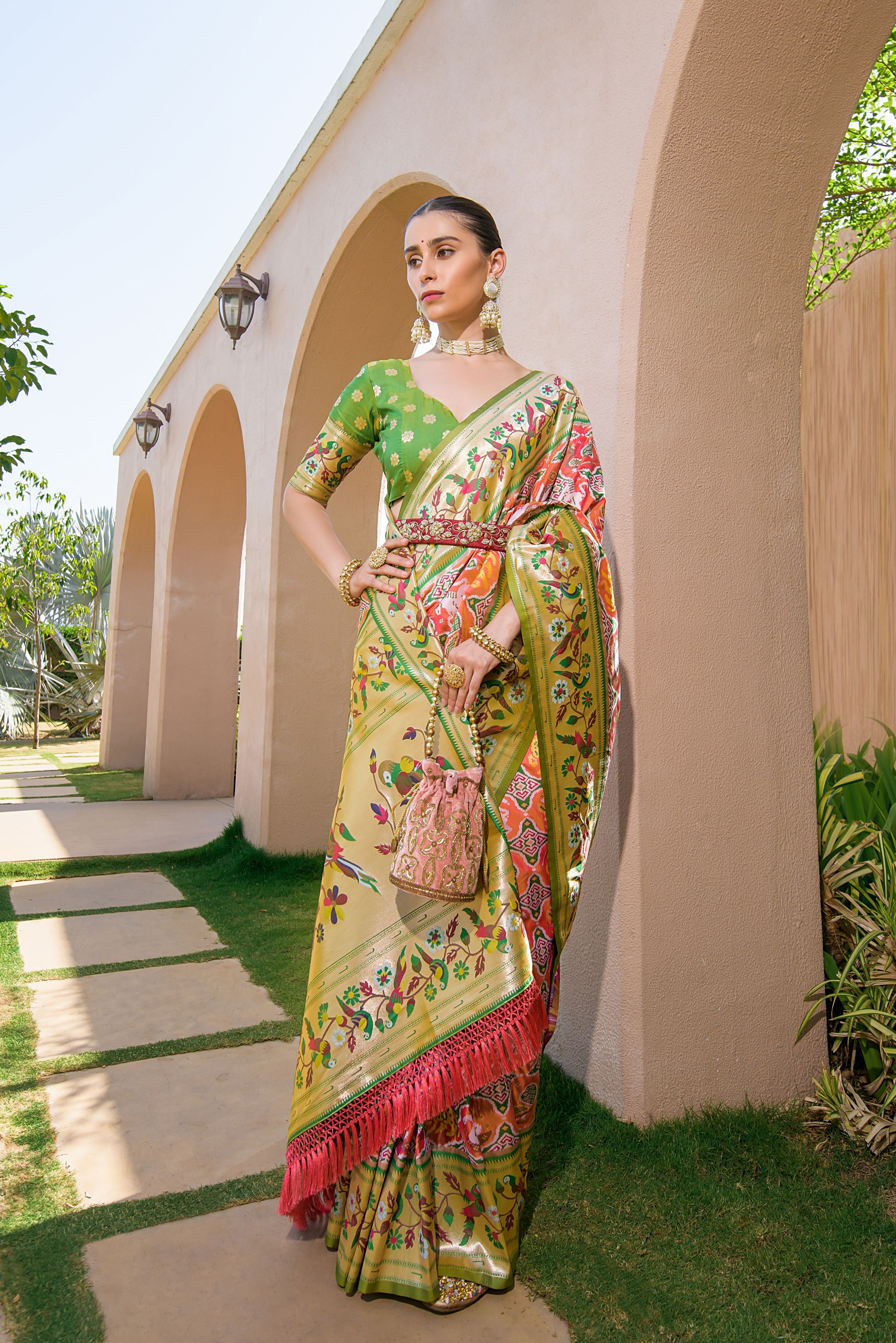 Vsaree Orange Soft Banarasi Silk Paithani Saree with Zari Weaving Pattern With Contrast Border And Rich Pallu With Contrast Blouse