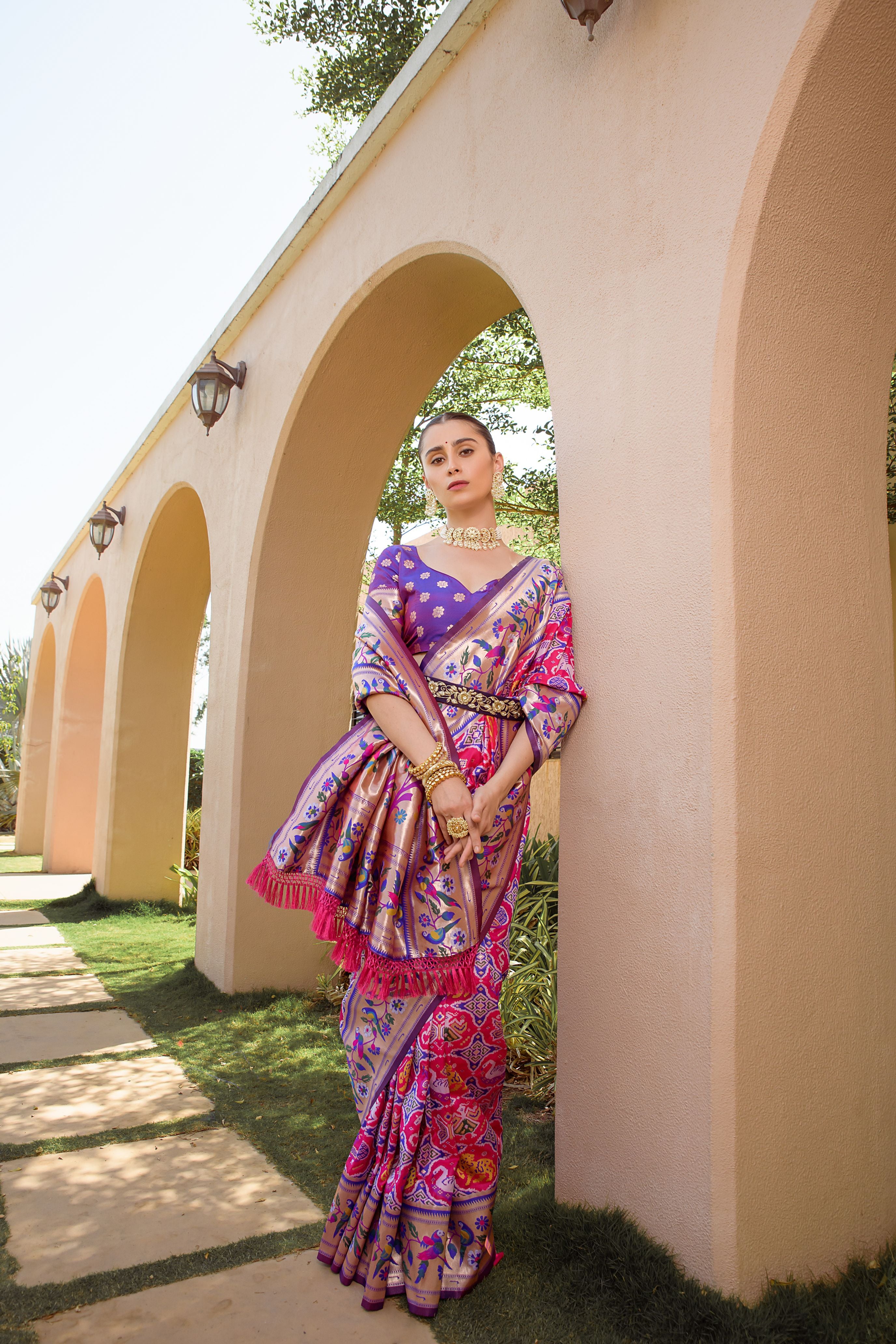 Vsaree Rani Pink Soft Banarasi Silk Paithani Saree with Zari Weaving Pattern With Contrast Border And Rich Pallu With Contrast Blouse