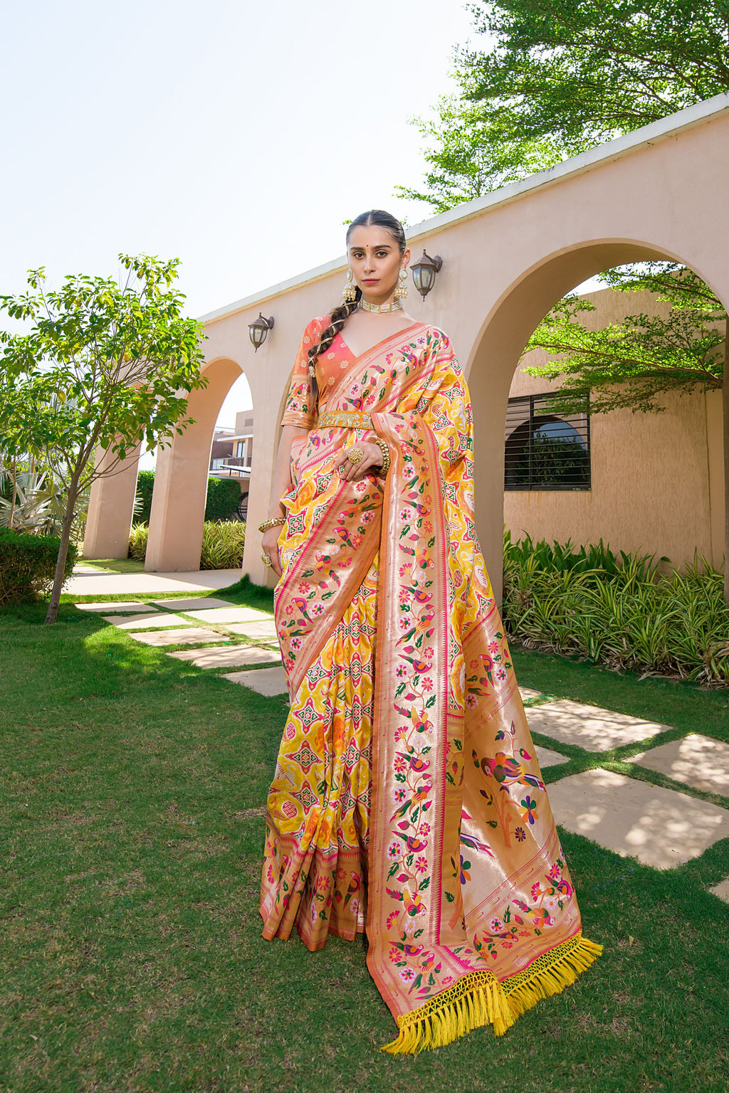 Vsaree Yellow Soft Banarasi Silk Paithani Saree with Zari Weaving Pattern With Contrast Border And Rich Pallu With Contrast Blouse