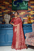 Vsaree Maroon Raw Silk Saree With All Over Zari Weaving Pattern And Zari Border And Blouse