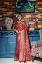 Vsaree Maroon Raw Silk Saree With All Over Zari Weaving Pattern And Zari Border And Blouse