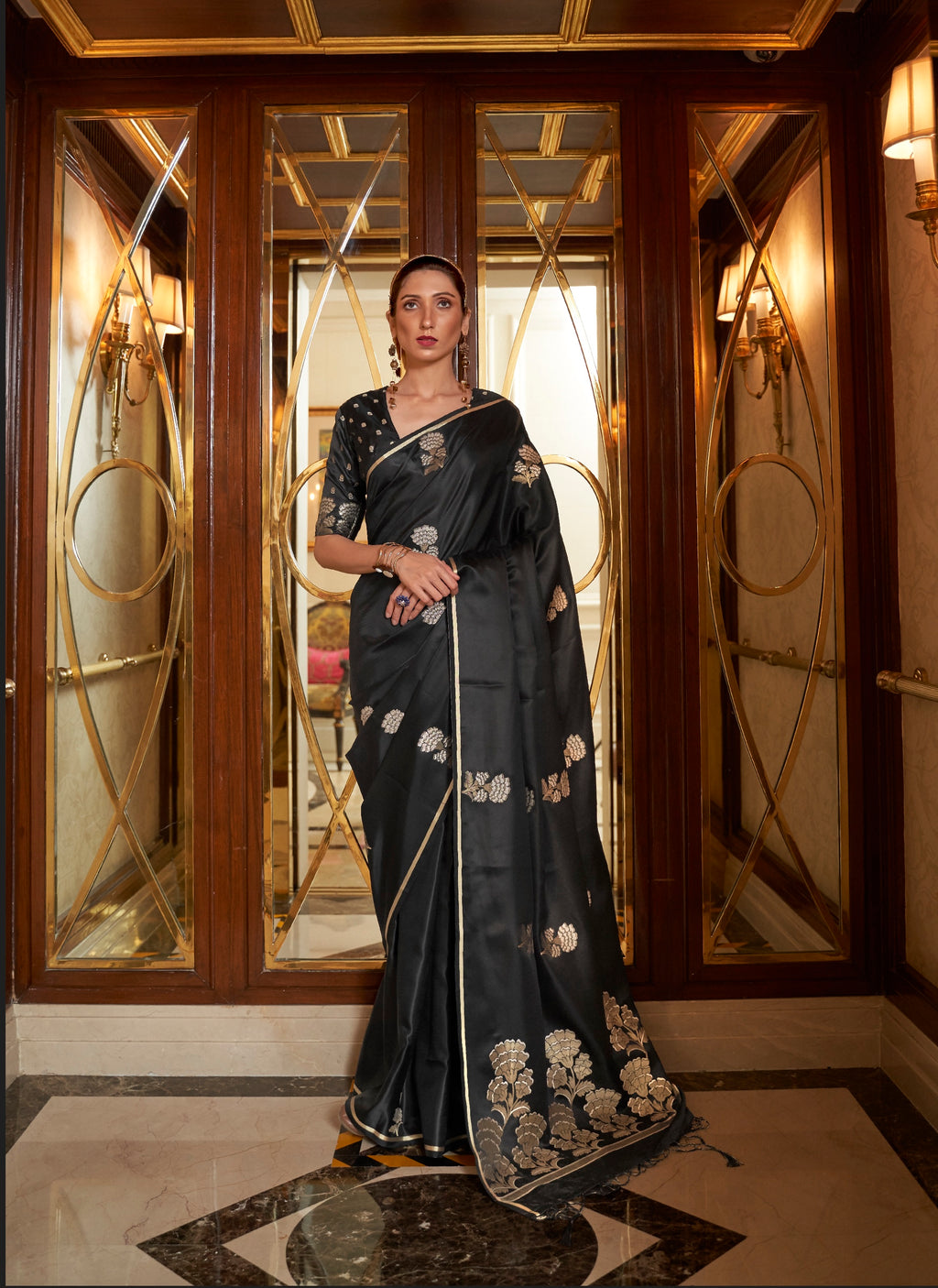 Designer Party Wear  Golden Zari Weaving Overall Butti Design Satin Silk Saree With Heavy Blouse