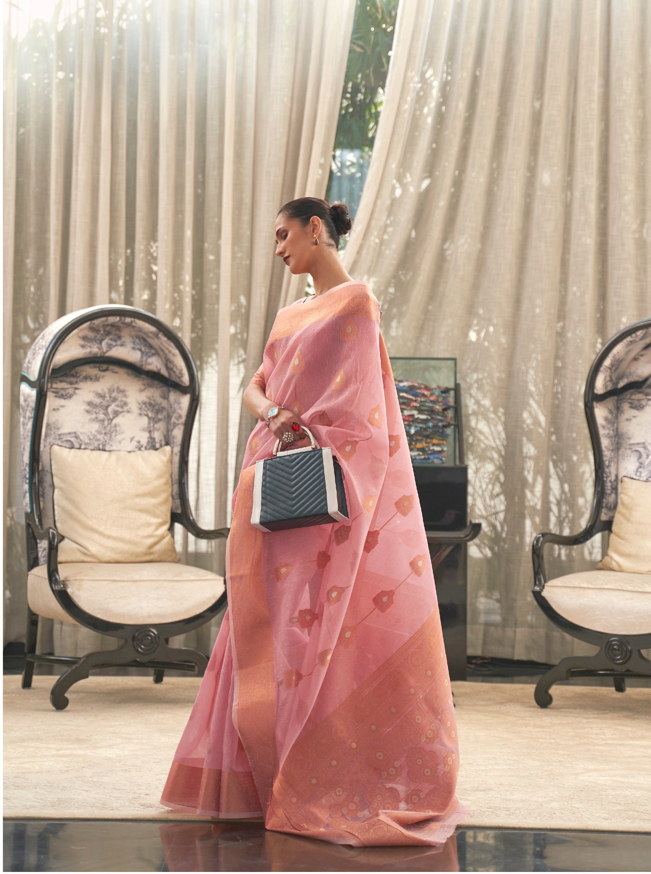 Designer Zari Weaving Yellow Color Banarasi linen Cotton Silk Saree With Heavy Blouse