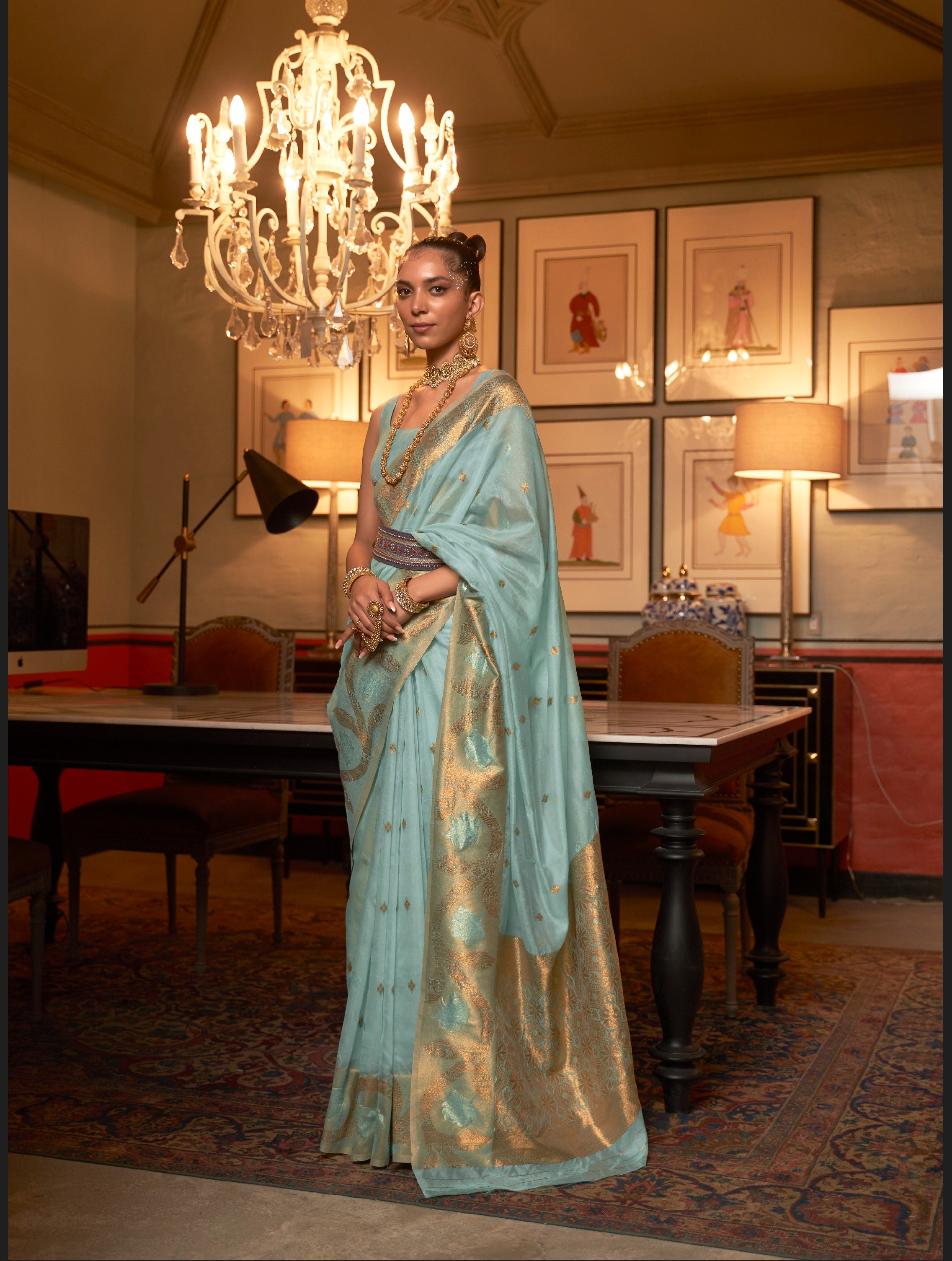 Designer Copper Zari Weaving Overall Butti Design Banarasi  Cotton Silk Saree With Heavy Blouse