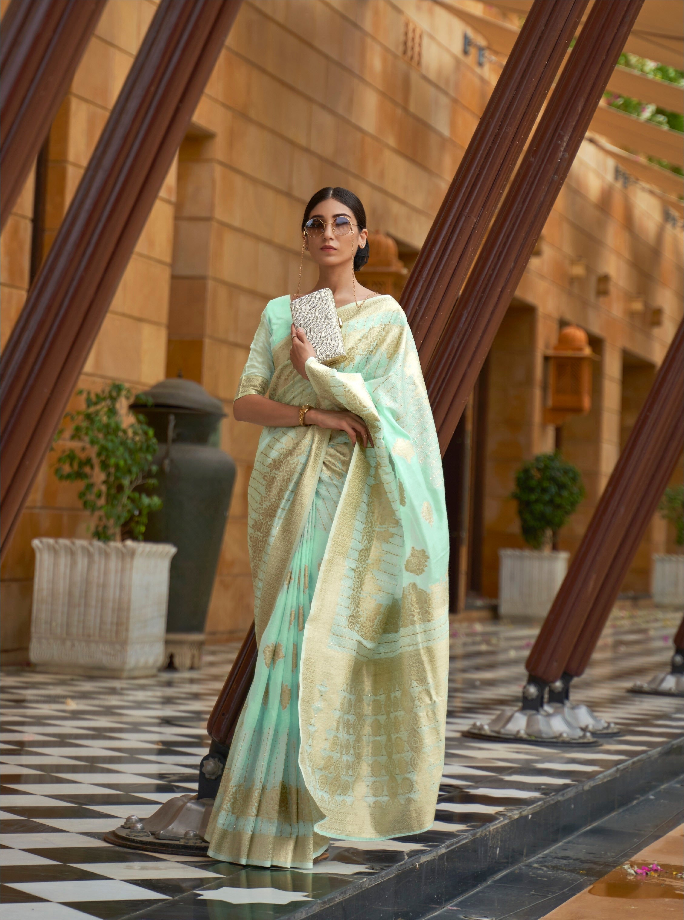 Seaquense Work  Traditional  Copper Zari Weaving Border Silk Saree With Designer Pallu And Zari Weaving Blouse