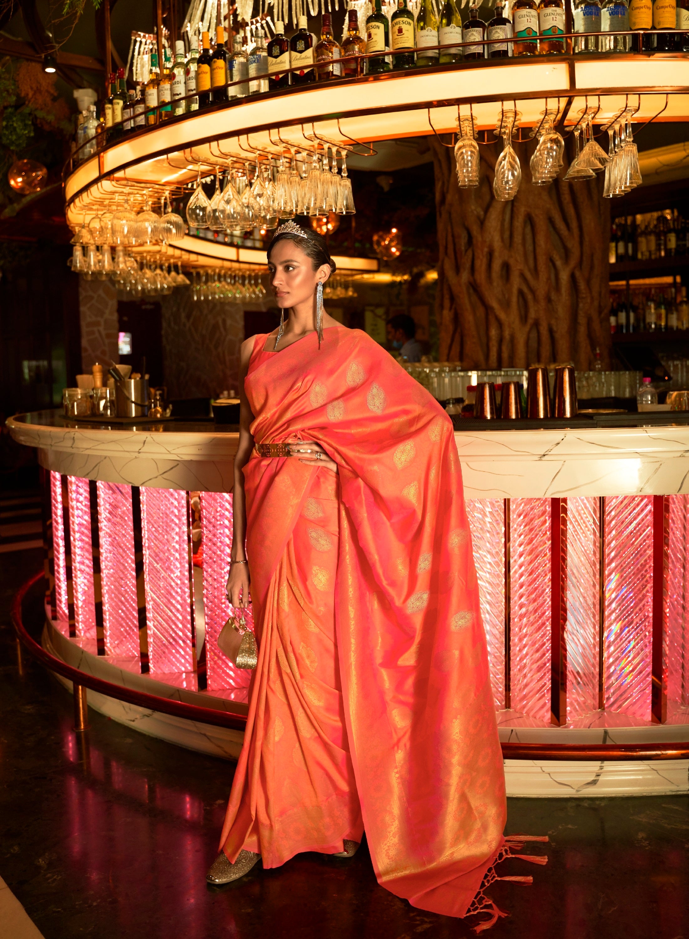 Designer Copper  Zari Weaving Butta Design  Banarasi Silk Saree With Heavy Blouse