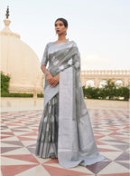 Designer Silver Zari Weaving Wedding Wear Banarasi linen Cotton Silk Saree With Heavy Blouse