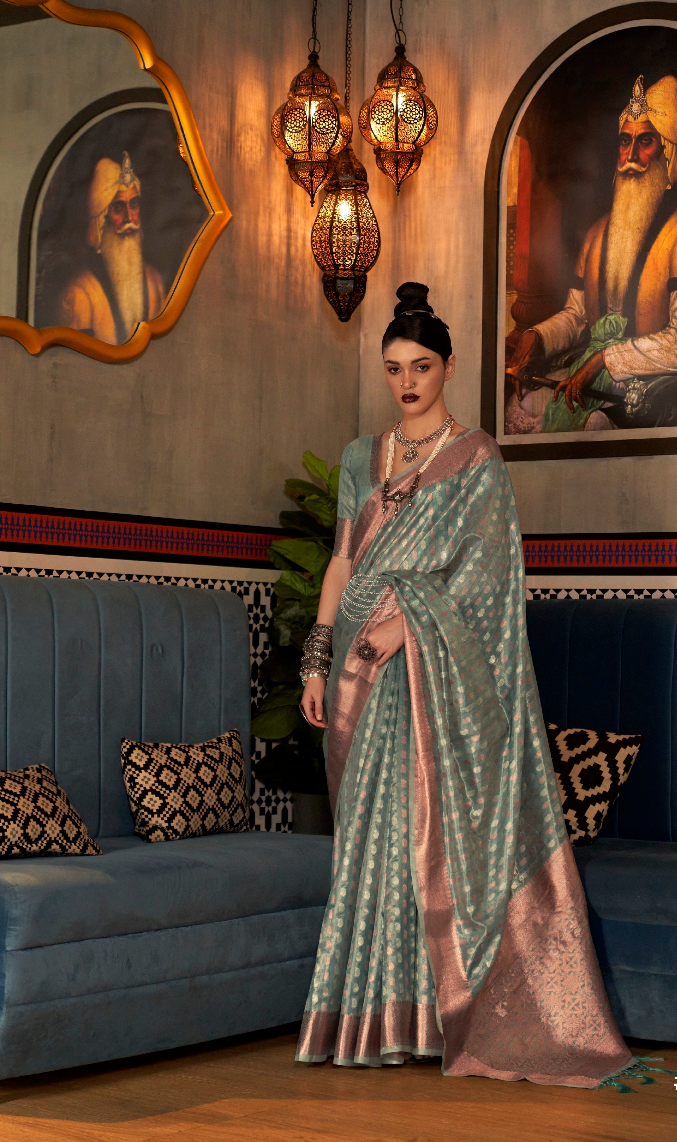 Designer Copper Zari Weaving Overall Butti Design Banarasi Cotton Silk Saree With Heavy Blouse