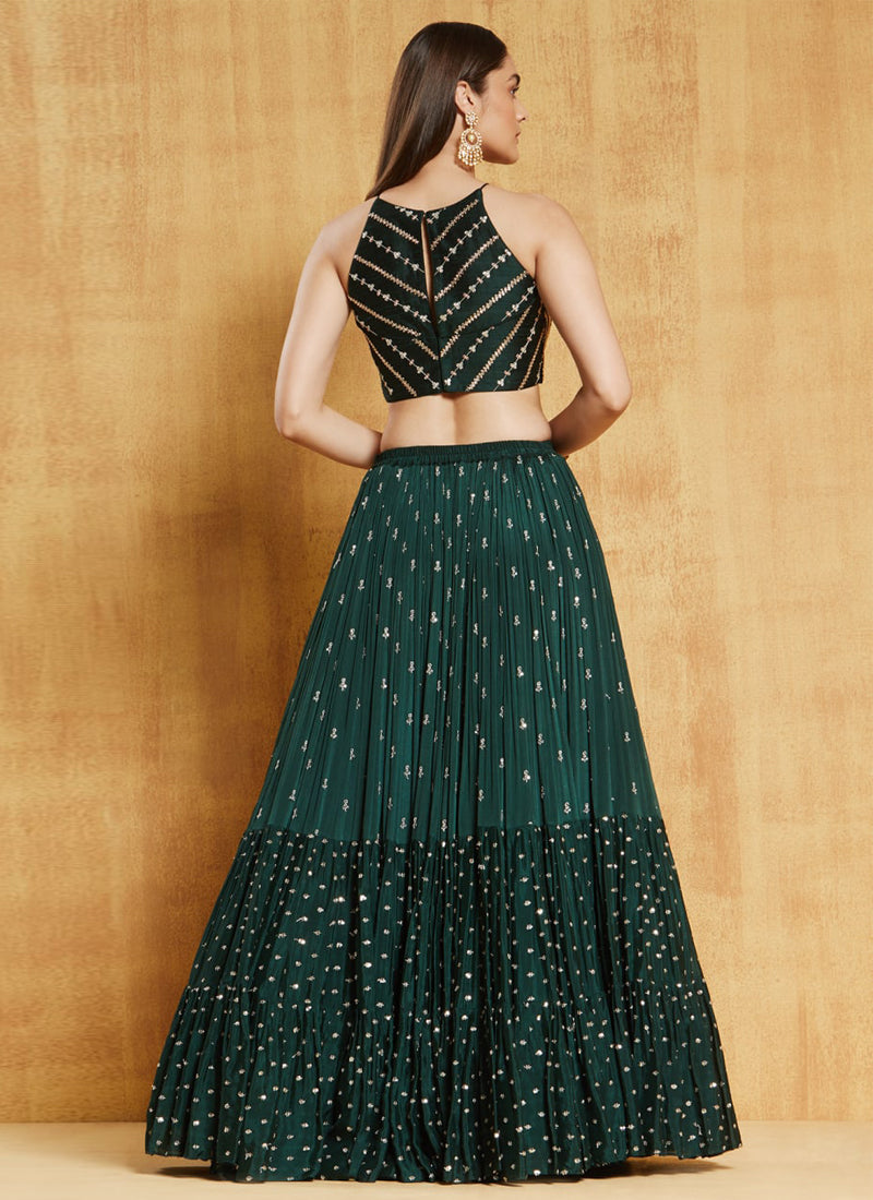 WOMEN'S DARK-GREEN SEQUINS AND THREAD EMBROIDERD WITH STONE WORK GEORGETTE WEDDING LEHENGA CHOLI