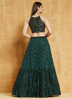 WOMEN'S DARK-GREEN SEQUINS AND THREAD EMBROIDERD WITH STONE WORK GEORGETTE WEDDING LEHENGA CHOLI