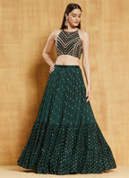 WOMEN'S DARK-GREEN SEQUINS AND THREAD EMBROIDERD WITH STONE WORK GEORGETTE WEDDING LEHENGA CHOLI