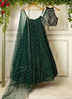 WOMEN'S DARK-GREEN SEQUINS AND THREAD EMBROIDERD WITH STONE WORK GEORGETTE WEDDING LEHENGA CHOLI