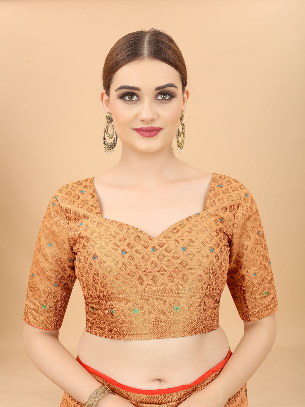 Vsaree Peach Linen Cotton Saree Zari Weaving Border And Fancy Pallu With Blouse