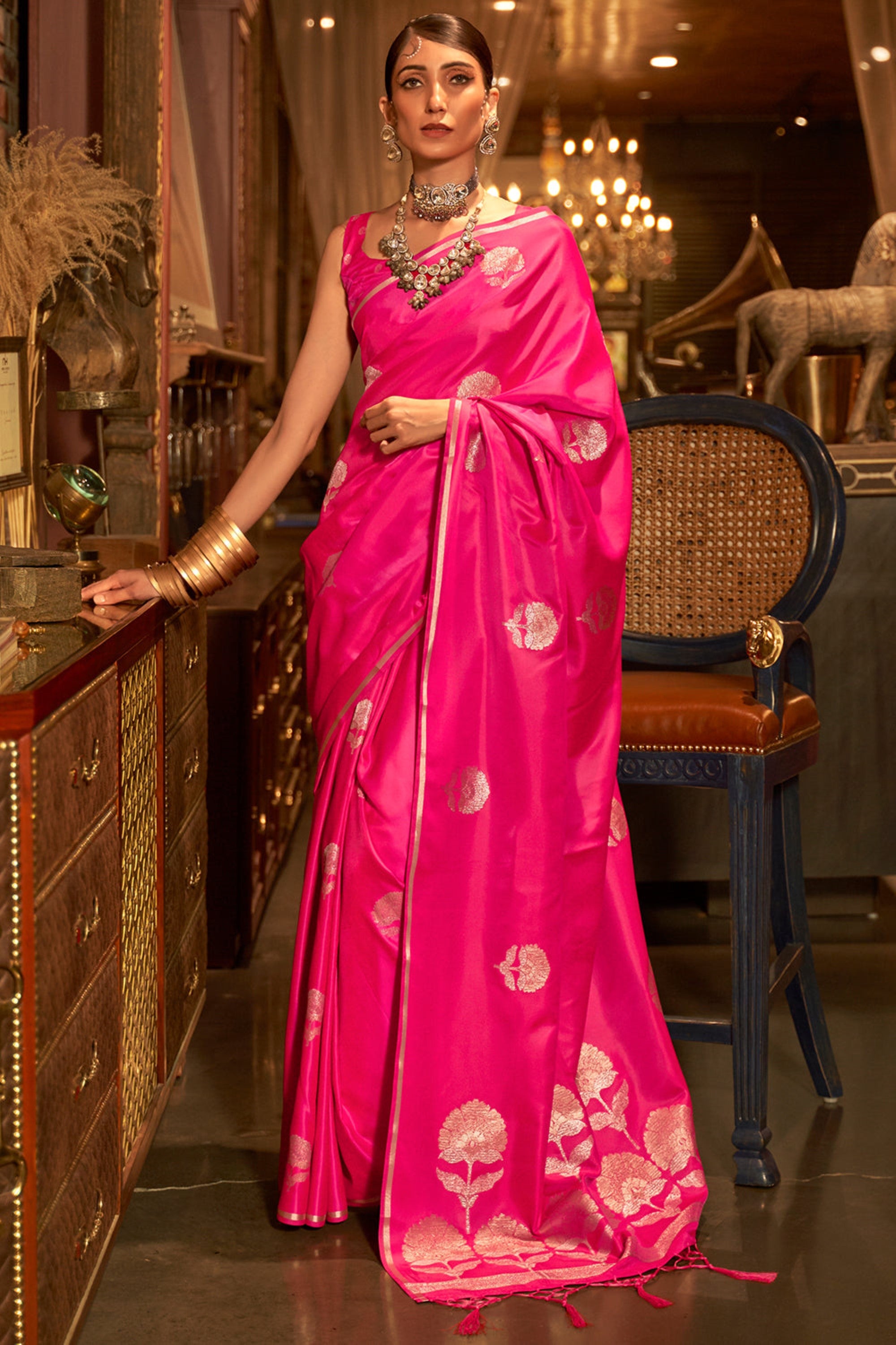 Designer Party Wear  Golden Zari Weaving Overall Butti Design Satin Silk Saree With Heavy Blouse