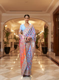 مصمم ملابس زفاف وعرائس مزهرة من Zari Weaving Pashmina ساري من الحرير القطني مع بلوزة ثقيلة 