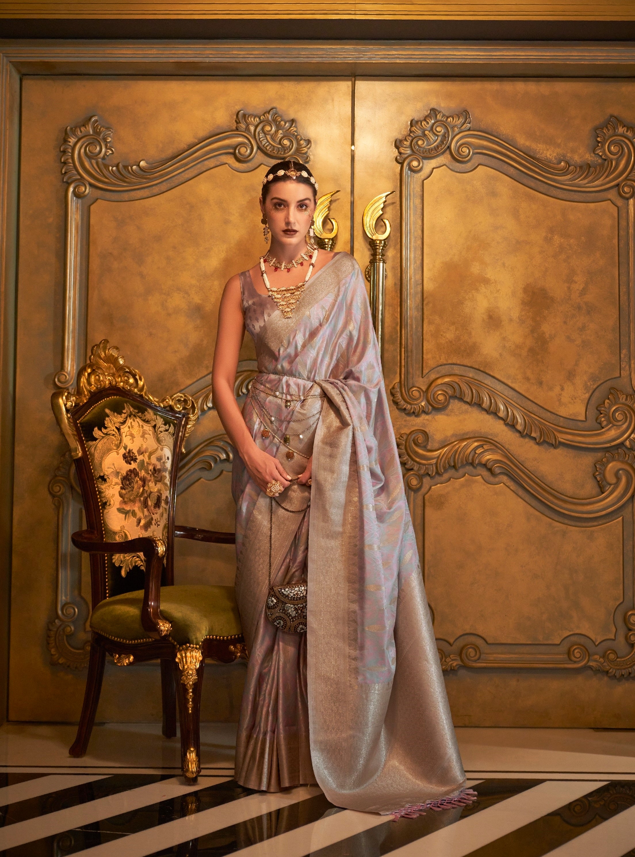 Designer Party Wear  Golden Zari Weaving Overall Butti Design Satin Silk Saree With Heavy Blouse