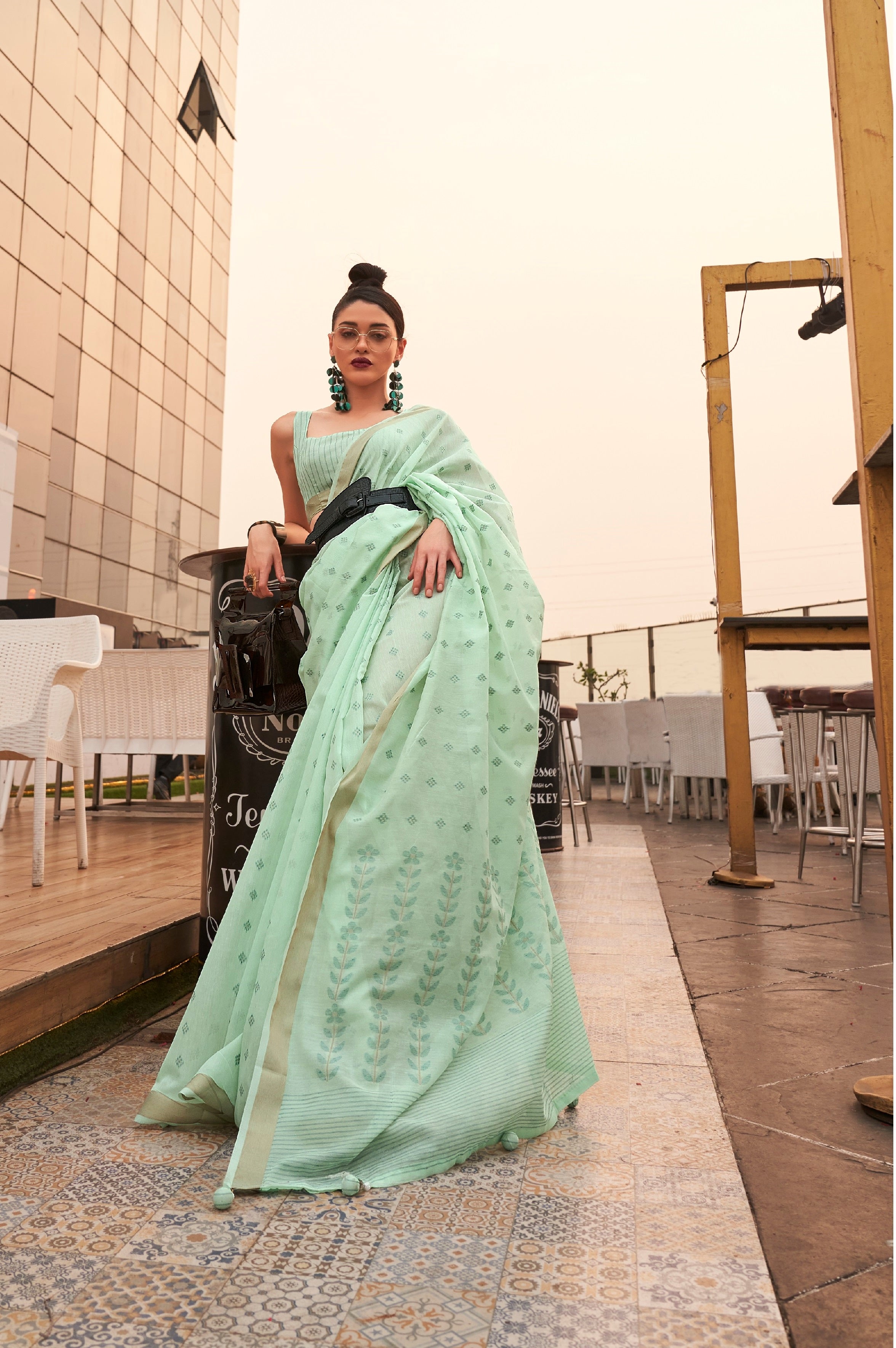 Designer Copper Zari Weaving Overall Butti Design Banarasi  Cotton Silk Saree With Heavy Blouse