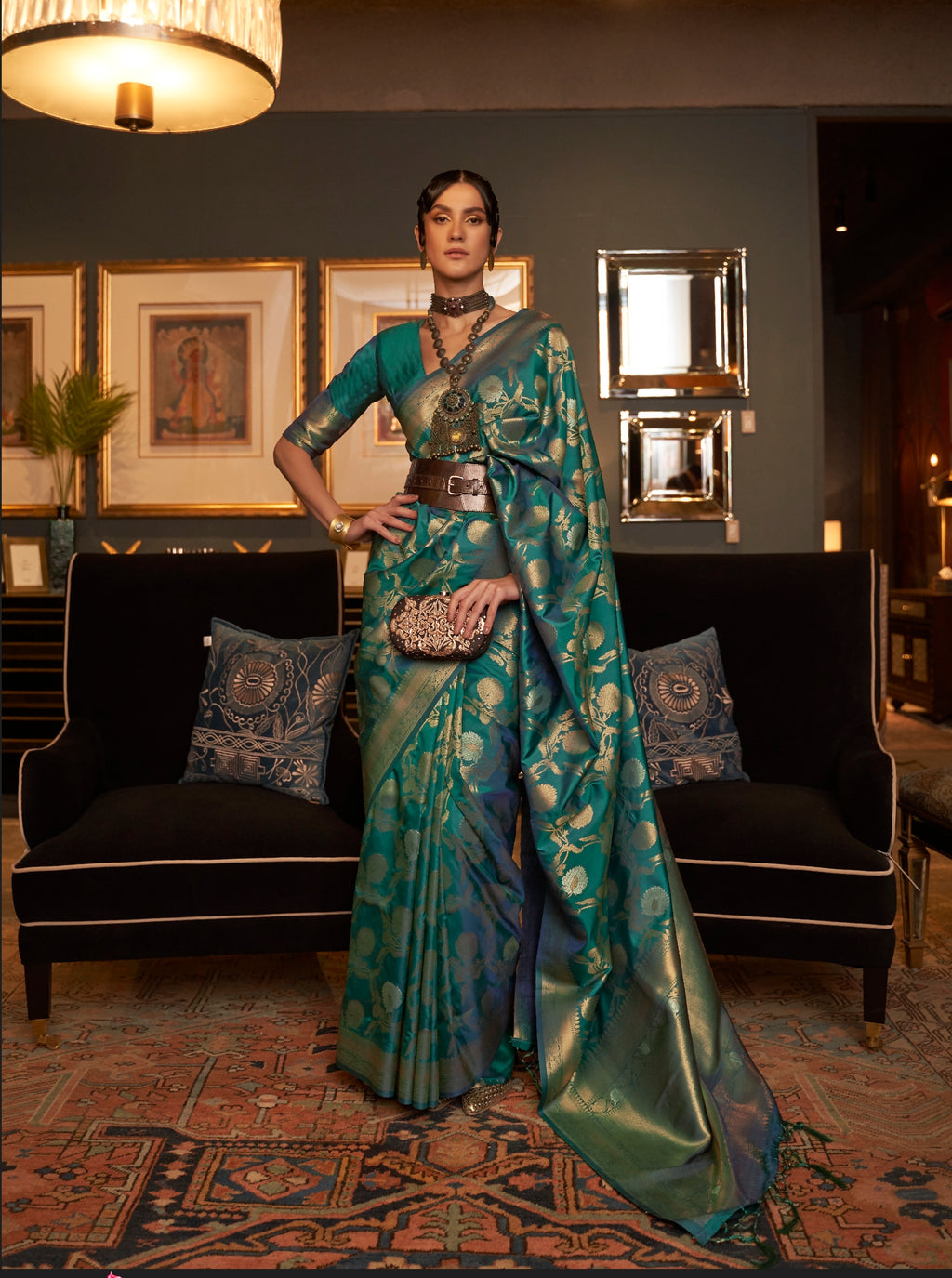 Designer Zari Weaving Floral Design Wedding Wear Banarasi  Silk Saree With Heavy Blouse