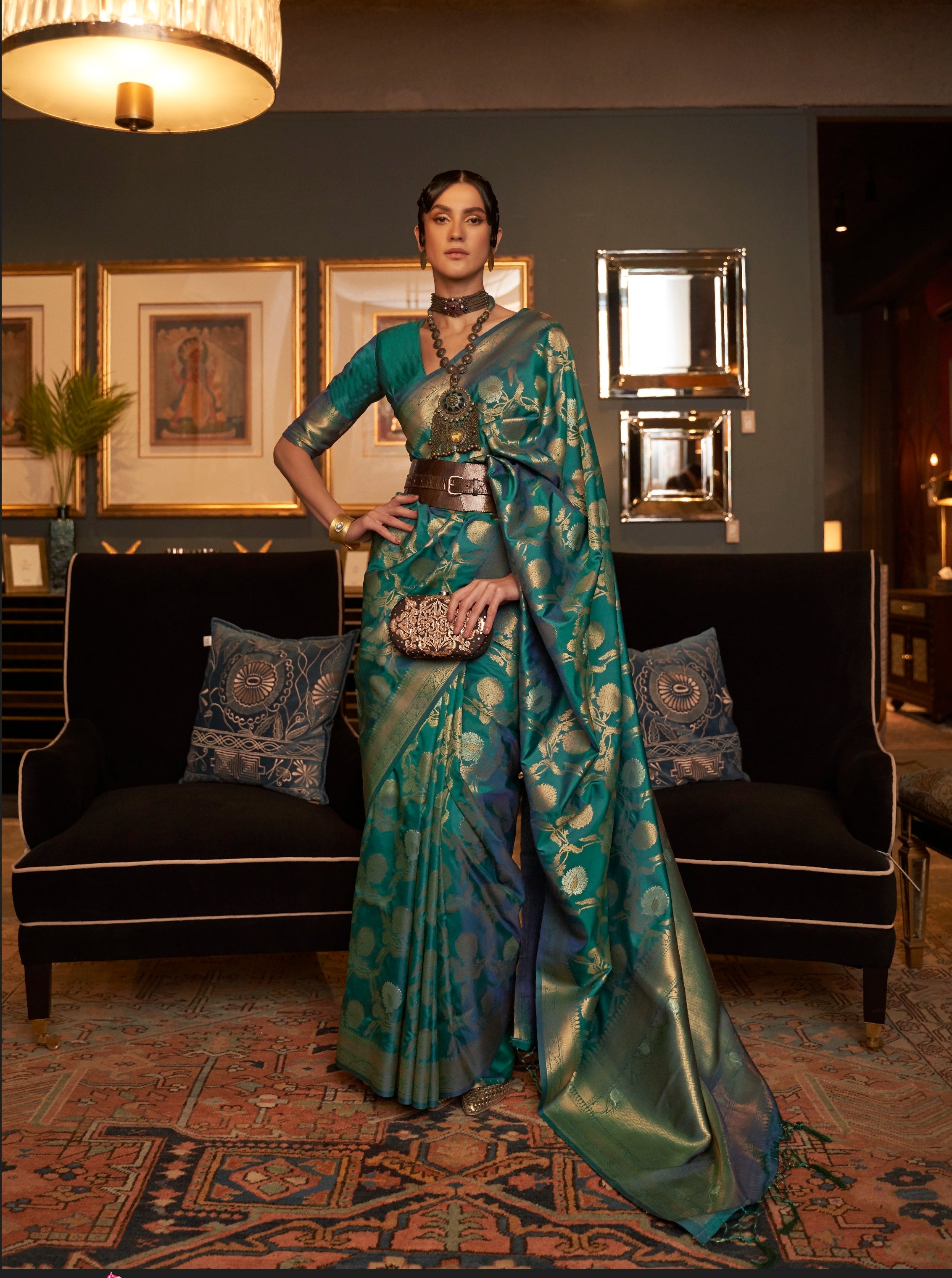 Designer Zari Weaving Floral Design Wedding Wear Banarasi  Silk Saree With Heavy Blouse