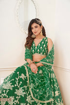 WOMEN'S GREEN BUTTERFLY NET WITH SEQUINS AND EMBROIDERY WORK LEHENGA CHOLI FOR WEDDING