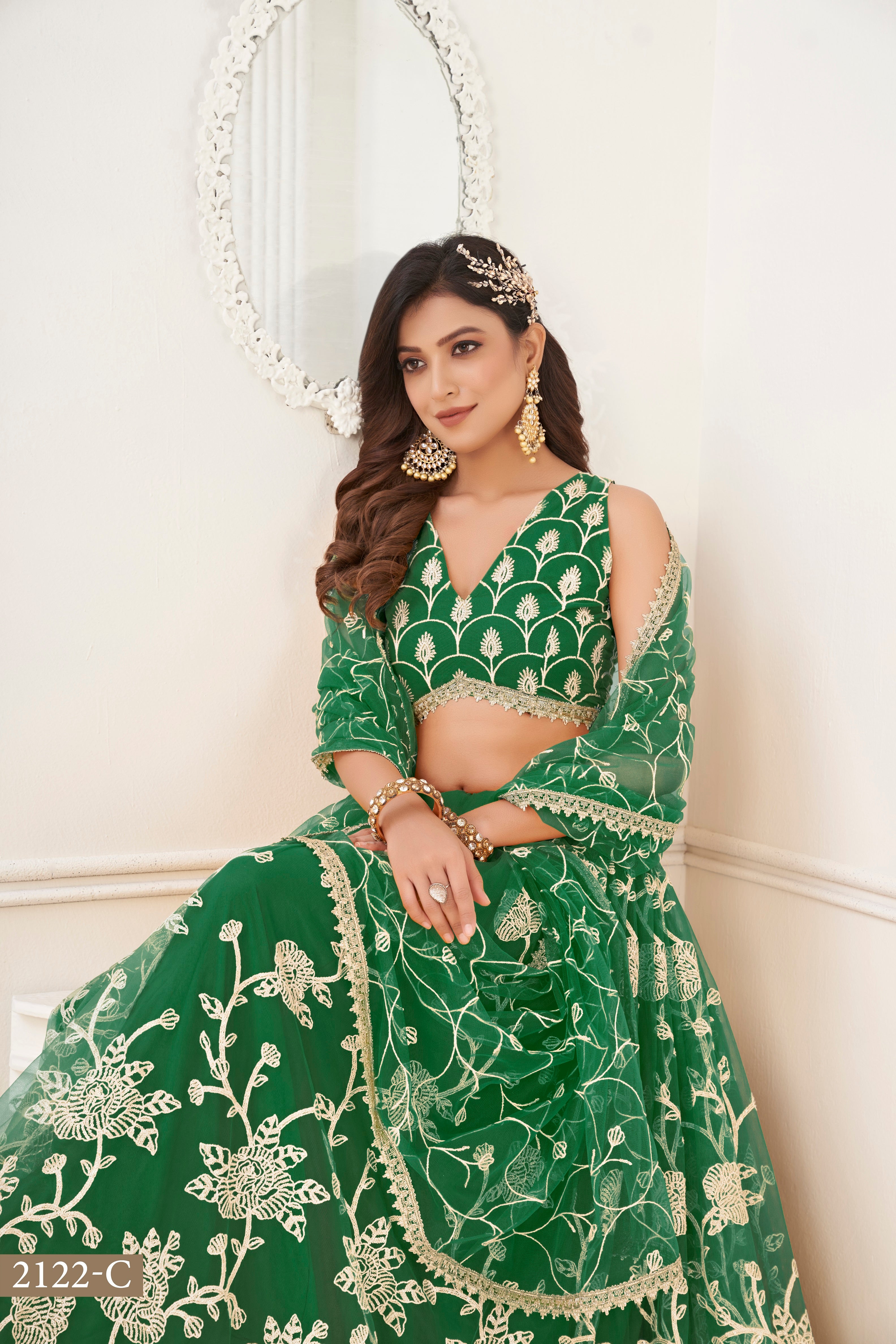 WOMEN'S GREEN BUTTERFLY NET WITH SEQUINS AND EMBROIDERY WORK LEHENGA CHOLI FOR WEDDING