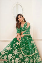 WOMEN'S GREEN BUTTERFLY NET WITH SEQUINS AND EMBROIDERY WORK LEHENGA CHOLI FOR WEDDING