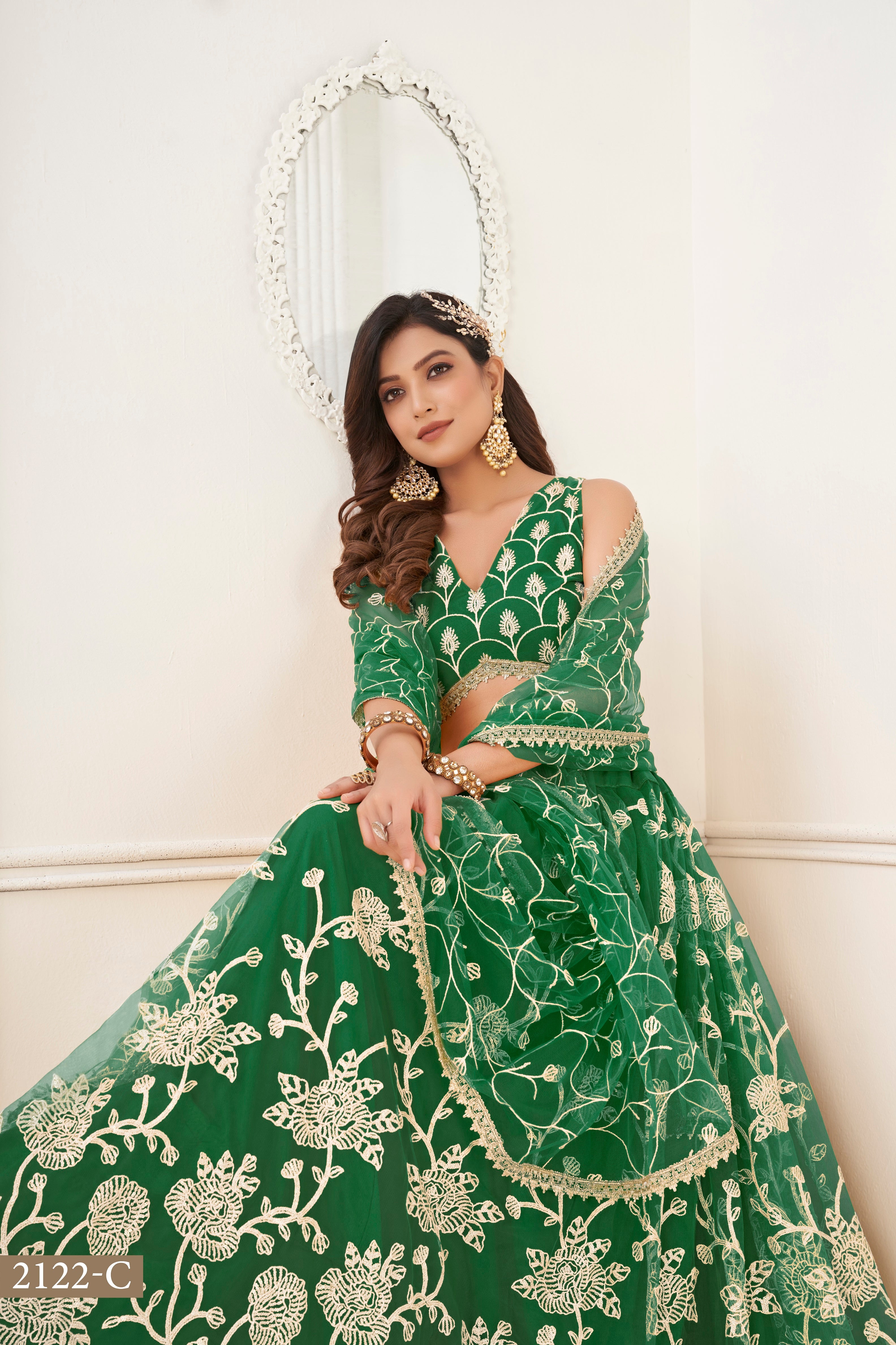 WOMEN'S GREEN BUTTERFLY NET WITH SEQUINS AND EMBROIDERY WORK LEHENGA CHOLI FOR WEDDING