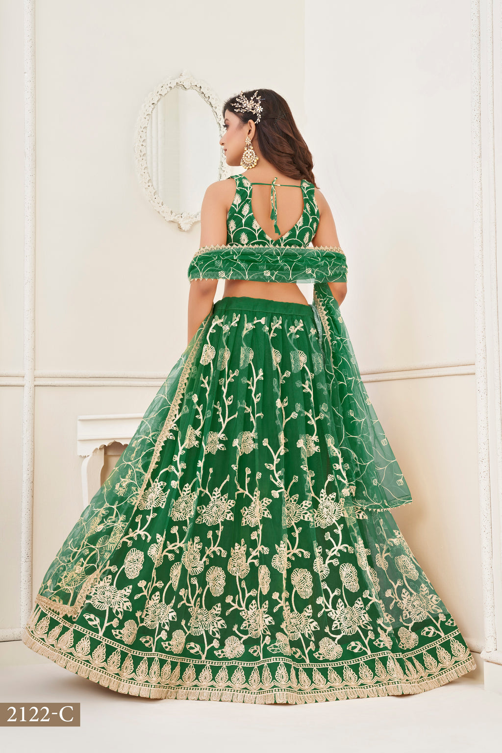 WOMEN'S GREEN BUTTERFLY NET WITH SEQUINS AND EMBROIDERY WORK LEHENGA CHOLI FOR WEDDING
