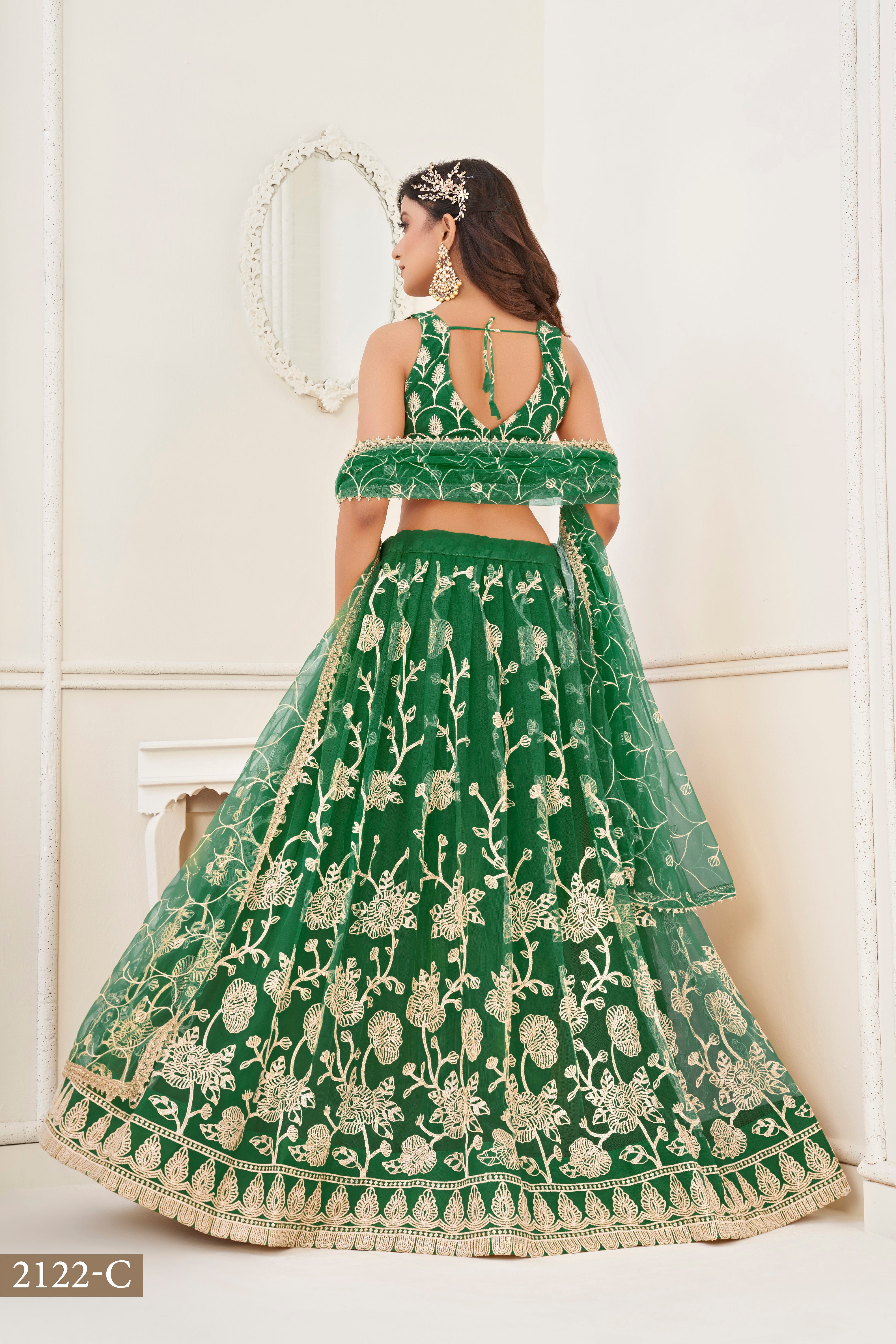 WOMEN'S GREEN BUTTERFLY NET WITH SEQUINS AND EMBROIDERY WORK LEHENGA CHOLI FOR WEDDING