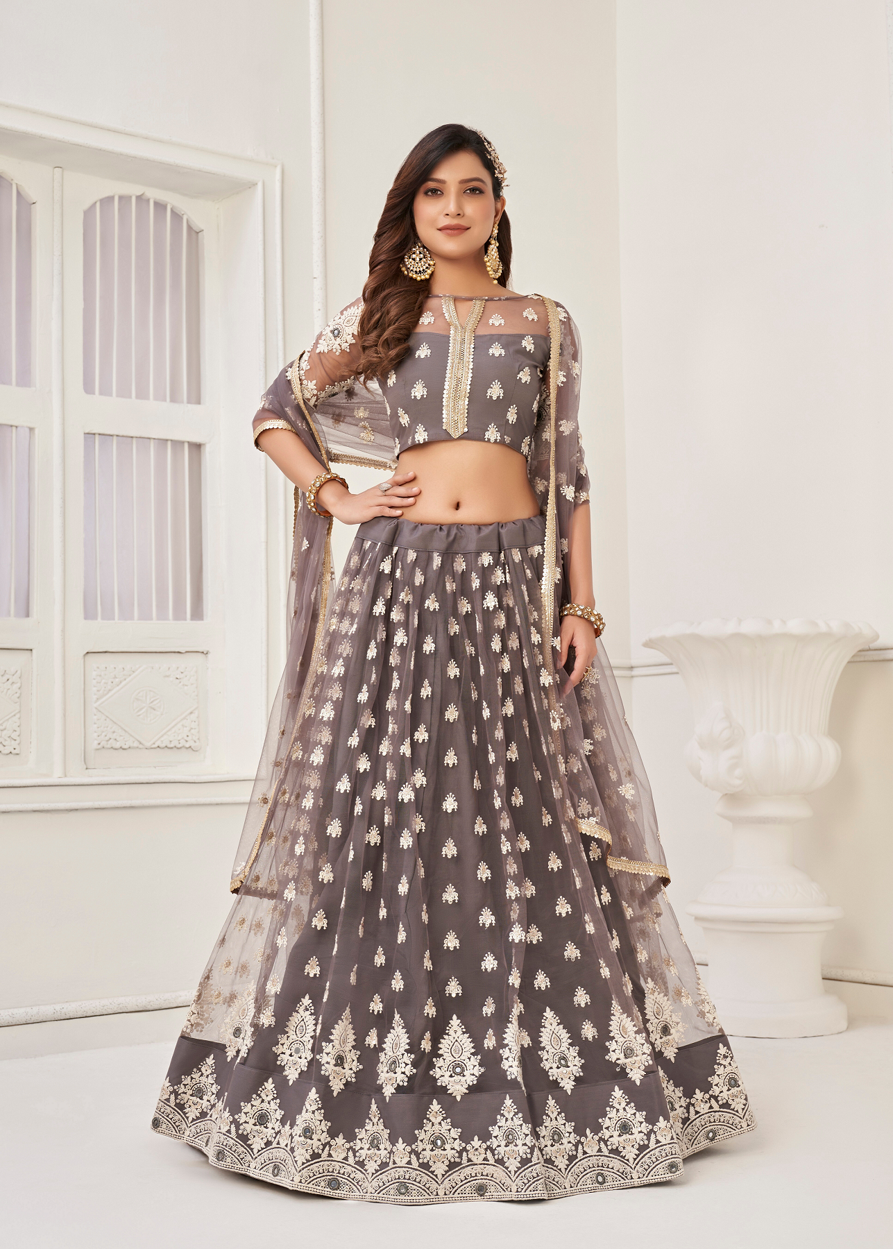 WOMEN'S GREY BUTTERFLY NET WITH SEQUINS AND EMBROIDERY WORK LEHENGA CHOLI FOR PARTY WEAR