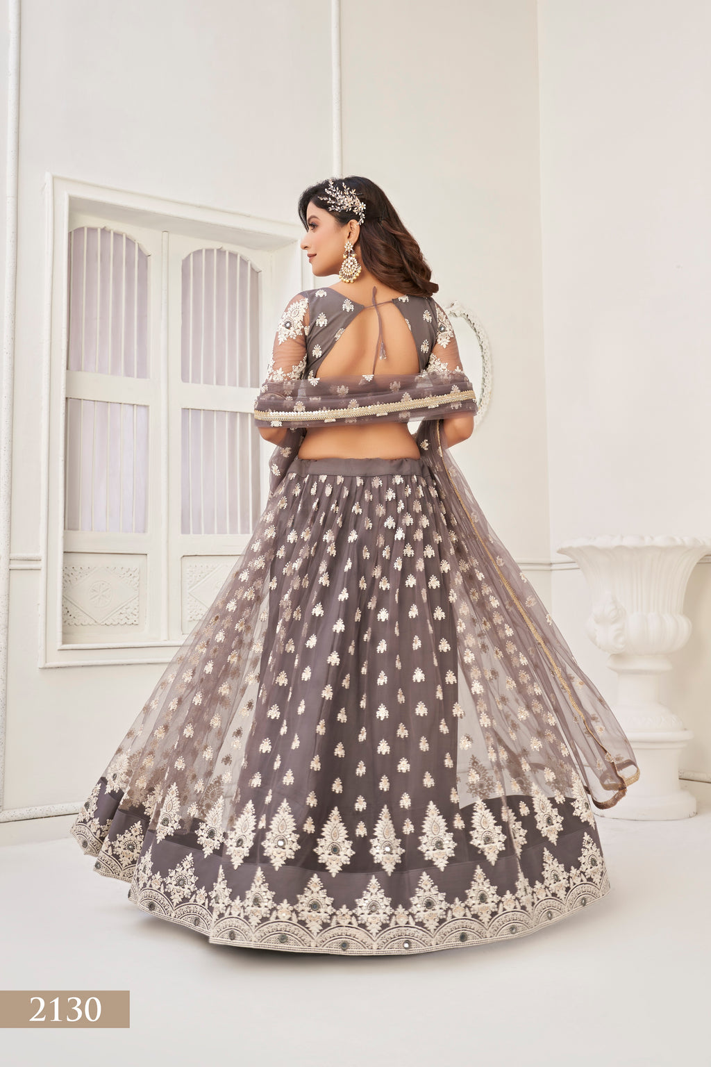 WOMEN'S GREY BUTTERFLY NET WITH SEQUINS AND EMBROIDERY WORK LEHENGA CHOLI FOR PARTY WEAR